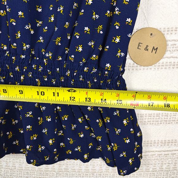 E&M Navy Blue Floral Blouse Puff Sleeve Tie Detail Top Size XL NWT - Picture 4 of 9